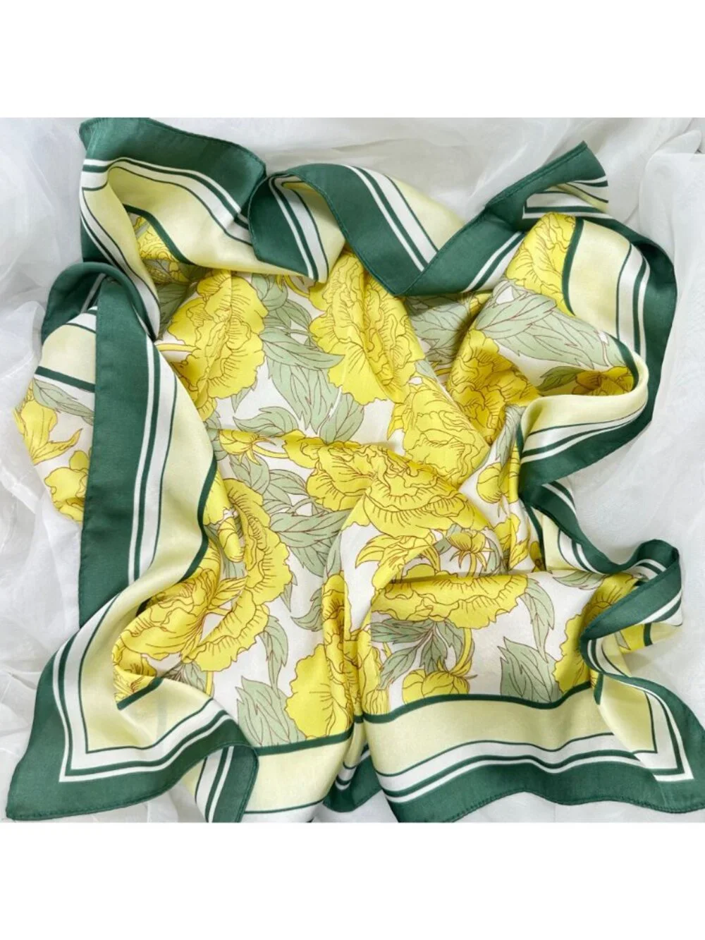 ✨Luxury Elegant Silky Square Scarf Yellow Green Peony Floral Garden Botanical